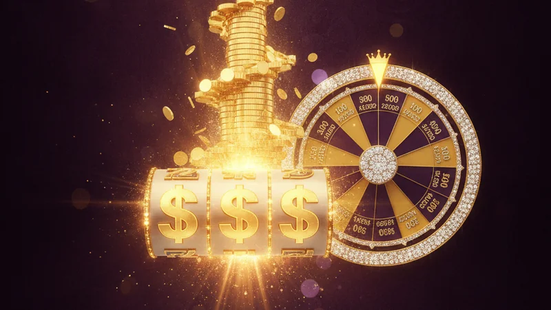 Progressive jackpots explained, glowing jackpot reel, gold coins and prize wheel
